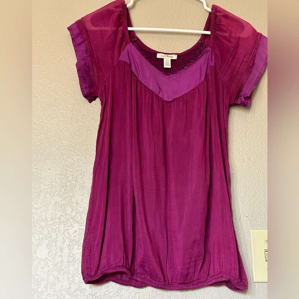 Trinity Silk Blend Sheer Blouse Short Sleeve Purple Loose Flowy BOHO